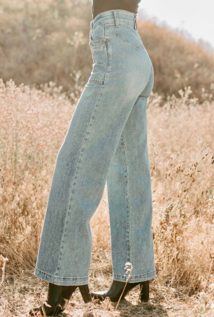 Saige Denim Tummy Control High Rise Wide Leg Jeans Patch Pocket Medium Wash NEW - Picture 6 of 8